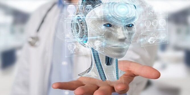 Gambar yang menggambarkan penerapan Artificial Intelligence dalam diagnosis dan tatalaksana kanker, menunjukkan interaksi antara teknologi dan tenaga medis