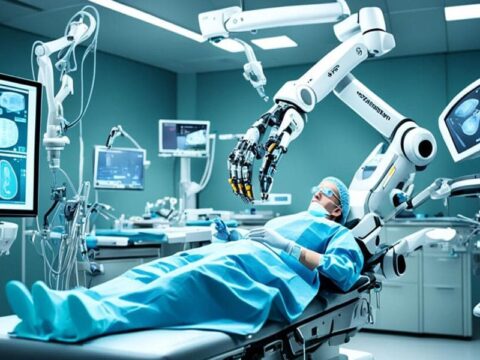 Gambar menunjukkan robot bedah yang sedang digunakan dalam prosedur medis, mewakili kemajuan teknologi dalam dunia kedokteran