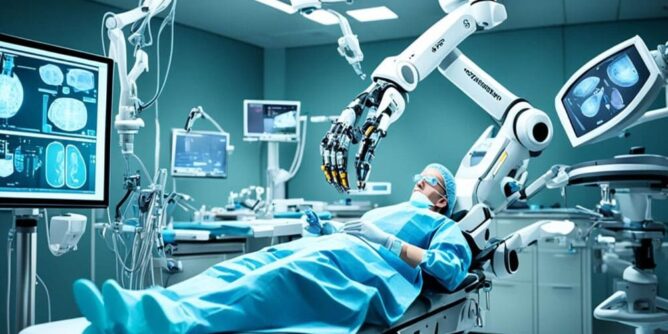 Gambar menunjukkan robot bedah yang sedang digunakan dalam prosedur medis, mewakili kemajuan teknologi dalam dunia kedokteran