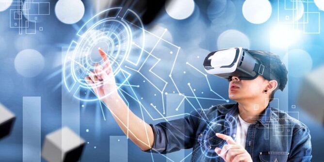 Ilustrasi penggunaan virtual reality dalam bisnis dan pertemuan